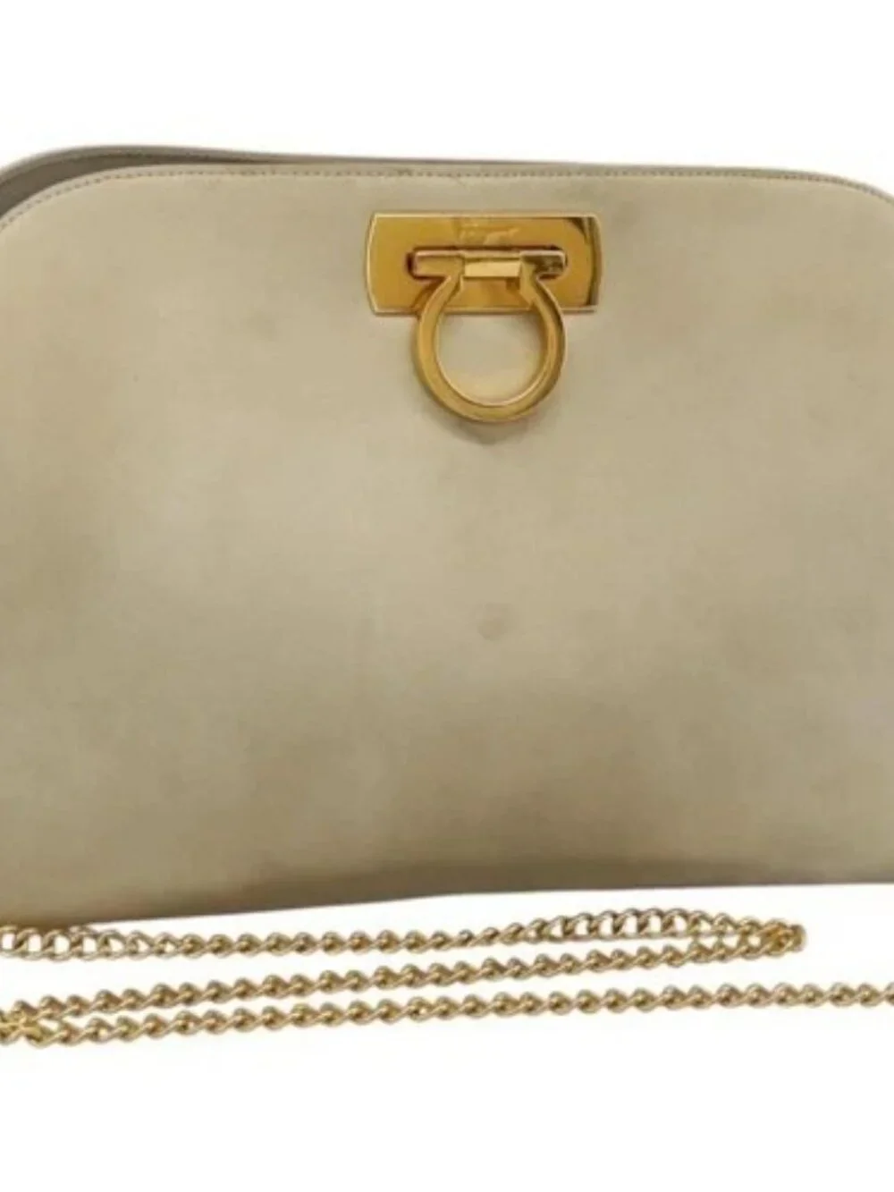 Salvatore Ferragamo Gancini Chain Shoulder Bag Suede Beige Gold Auth MY113